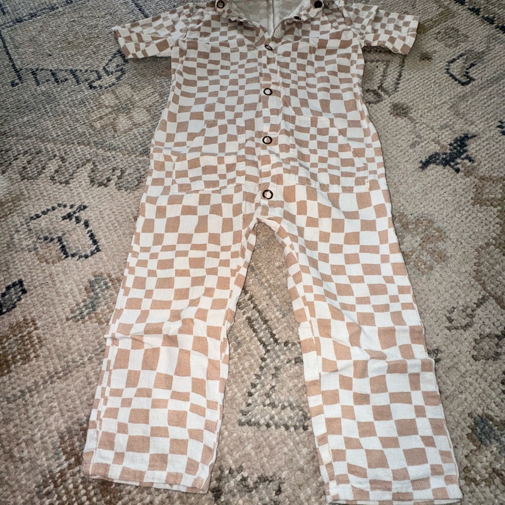 Rylee + Cru Checkered Tan and White Jumpsuit